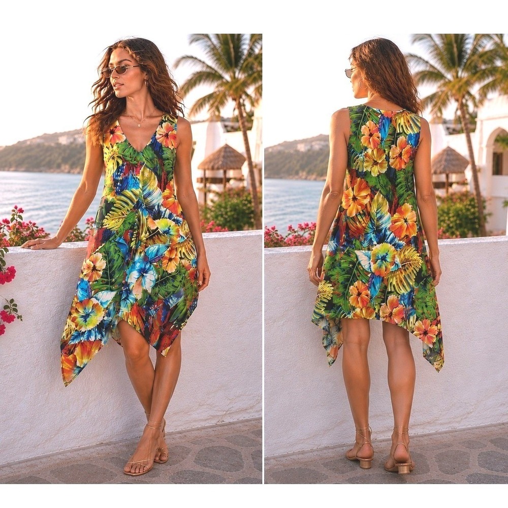 Betsey Johnson Silk Tropical Handkerchief Hem Dress Small Resort Midi Hawaiian